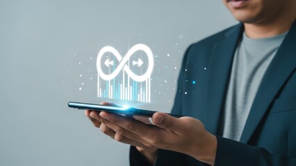 A businessman using a smartphone to visualize digital technology and innovation concepts