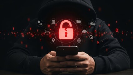 A person wearing a hoodie is using a smartphone to access cybersecurity or data protection services at night