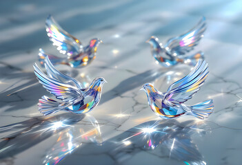 Four crystal birds with outstretched wings reflect colorful light on a polished marble surface creating sparkling patterns and soft shadows in a bright elegant scene