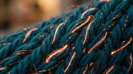 Macro texture of futuristic knitted smart fabric with glowing fiber optic threads and copper wool, transformative teal 2026 color trend
