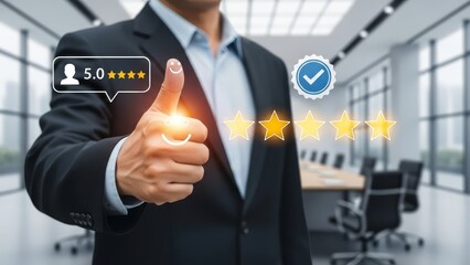 Businessman in a modern office giving a thumbs up with digital ratings and icons
