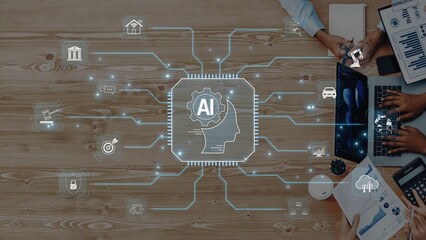 This image illustrates the dynamic integration of artificial intelligence in diverse fields, highlighting human interaction with technological advancements and innovative solutions. Raster