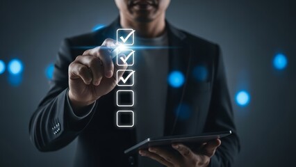 Businessman interacts with virtual checkboxes using a digital tablet in a modern office environment