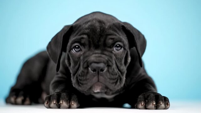 A black cane corso puppy dog pet lying on a white surface against a blue background