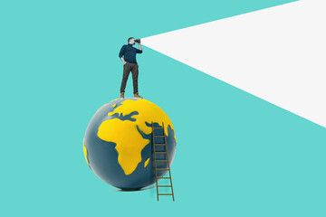 Flat design. Businessman with binoculars looks forward. A look into the future.