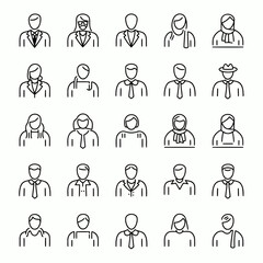 Set of diverse business people icons in various professional attire and accessories, including ties, glasses, and hats, representing different professions and roles