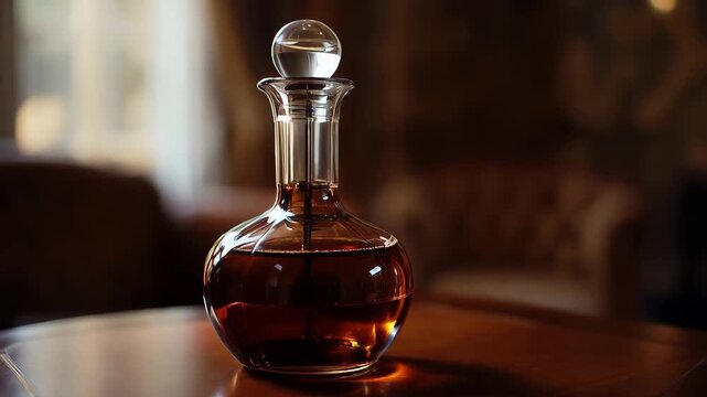 Decanter on a table catching light in a cozy room during afternoon hours