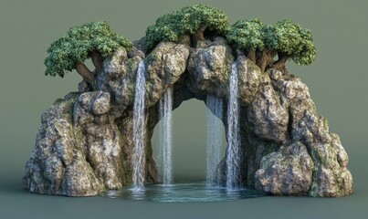 Scenic waterfall arch with trees and water cascading down rock formation
