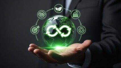 A person holding a digital hologram of an infinity symbol surrounded by environmental and technology icons