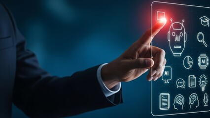 A person in a suit interacts with a futuristic digital interface displaying various icons and holographic data projections