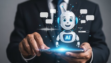 A person in a suit interacts with a holographic artificial intelligence robot emerging from a tablet