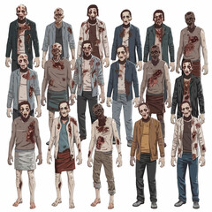 Fototapeta premium Group of zombies standing together in a row, detailed illustration of undead characters with various injuries and expressions