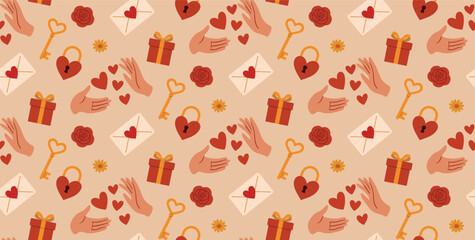 Valentine's Day seamless pattern. Vector illustration. Pattern with a key and a heart-shaped lock. Wrapping paper. Hearts in hands