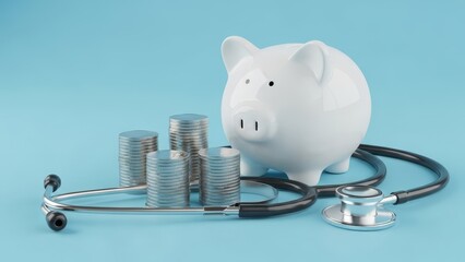 A white piggy bank surrounded by stacks of coins and a stethoscope on a light blue background