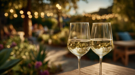 Close-up of wineglasses touching gently, sparkling cocktails glowing in warm golden hour light, fairy lights softly blurred behind, elegant summer garden party vibe