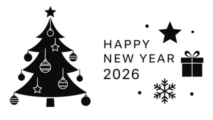 A simple black and white new year illustration with a christmas tree and gift