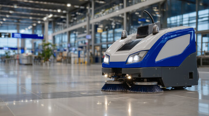 Obraz premium Detailed close-up of the robotic scrubberâs control panel and sensors, AI interface lights glowing, machine cleaning airport terminal floor, industrial automation and smart cleanin