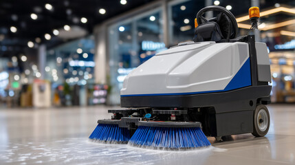 Low-angle close-up of sweeper scrubber brushes, water and foam spreading across the floor, autonomous machine body above, modern mall interior blurred in background, professional c