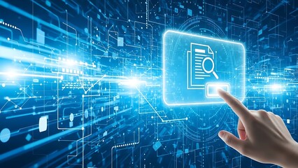 A hand touching a glowing digital document with a magnifying glass on a futuristic blue digital network background