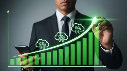 Businessman in a suit drawing an upward trending growth graph with a green marker