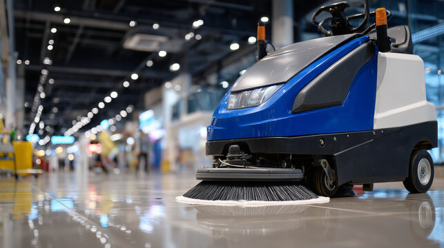 Close-up of automatic scrubber drying the floor, squeegee leaving a clean reflective surface, AI-controlled industrial machine in a shopping mall, professional facility cleaning ba