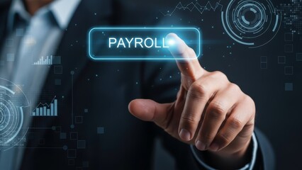 Person in formal suit presses a glowing payroll button on a futuristic digital interface