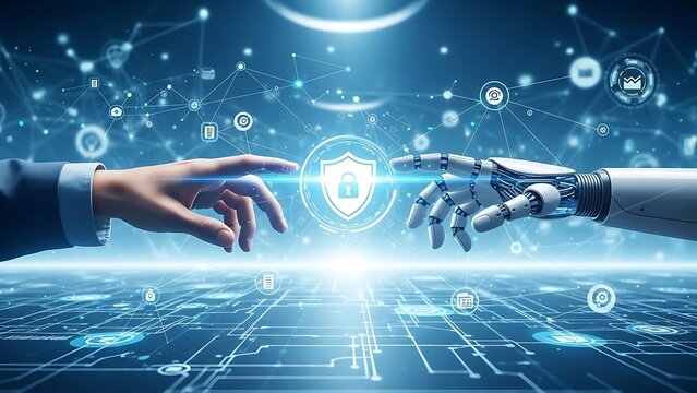 A human hand and a robotic hand reaching towards a glowing shield with a lock symbol in a futuristic digital network environment - Powered by Adobe