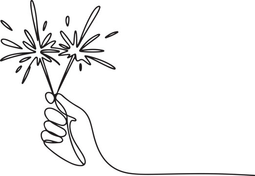Hand holding fireworks in one continuous line drawing. Party concept. one line Art icon drawing