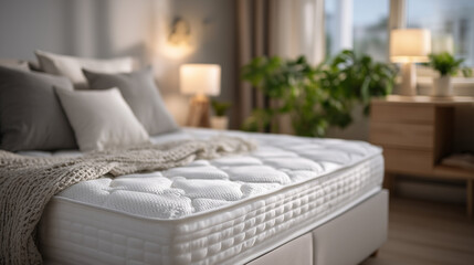 Side-angle close-up of an orthopedic mattress showing layered construction, fabric seal and internal foam layers subtly visible, modern bedroom setting, comfort technology theme