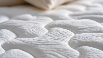 Angled macro shot of the mattress surface, plush quilted fabric with gentle contours, soft lighting, luxury comfort and pressure relief concept