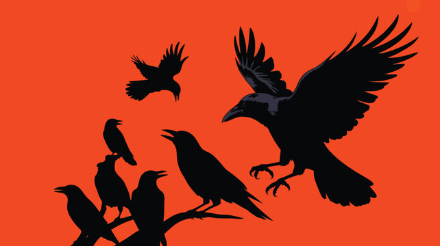 Silhouettes of crows on branch against vibrant orange background