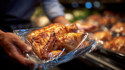 Macro detail of chicken texture through transparent vacuum packaging, shopperâs hands supporting the pack, chilled supermarket environment suggesting freshness and quality