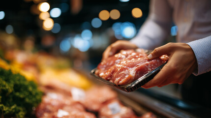 Close-up of a shopper choosing chicken meat in a supermarket, hands examining packaging label, fresh poultry shelf and aisle lights visible, responsible food buying concept