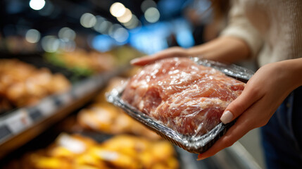 Close-up of buyer hands holding raw chicken meat package, supermarket shelf with fresh poultry in background, emphasis on food storage, hygiene, and everyday grocery shopping