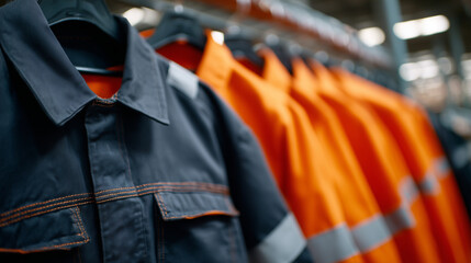 Side-angle view of heavy-duty work coats and overalls, bright safety colors aligned on hangers, fabric texture and stitching emphasized, workwear retail display concept