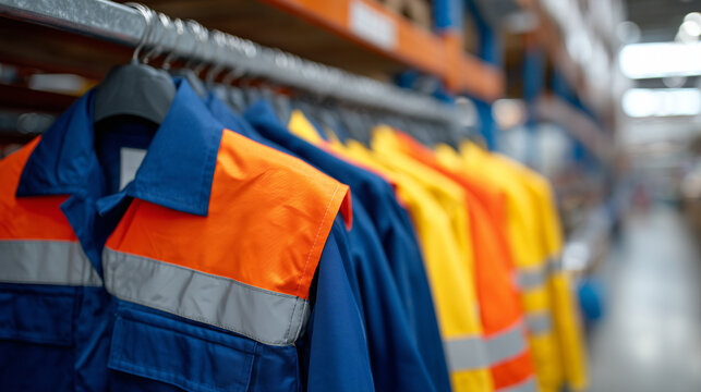Wide close-up of a workwear store rack filled with colorful safety jackets, high-visibility orange, yellow, and blue coats hanging neatly on metal hangers, reflective strips catchi