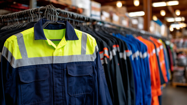 Wide banner-style shot of a workwear shop interior, rows of road work uniforms and overalls on racks, vibrant safety colors, professional workplace apparel display