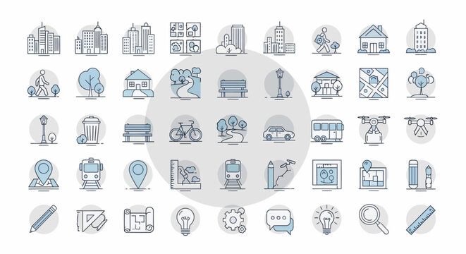 Architecture and city planning thin line icon set.