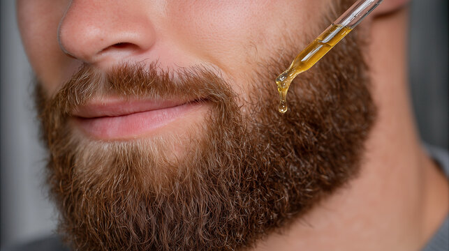 Macro detail of golden beard oil on facial skin, dropper releasing a single drop, beard hair texture sharply defined, skincare hydration focus