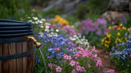 Close-up of garden hose attached to a brass rain barrel, colorful flowers in full bloom nearby, eco-friendly water reuse and sustainable horticulture concept