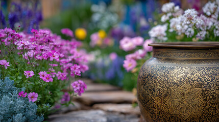 Detail shot of engraved texture on a brass rainwater barrel, vibrant garden flowers softly blurred behind, craftsmanship and sustainability combined in outdoor decor