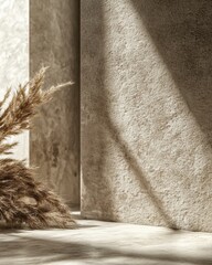 Beige background with dried flowers, pampas with copy space for displaying items in wabi sabi style, natural