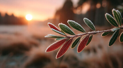 Frost-kissed leaves in soft morning light against dawn glow