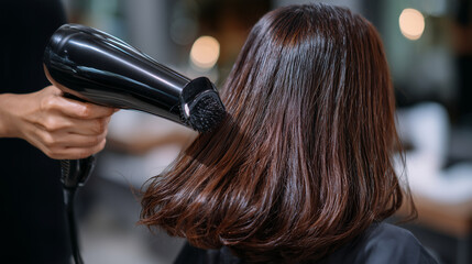 Fototapeta premium Macro detail of straight brown hair strands lifting slightly in the dryerâs airflow, stylist guiding brush and nozzle, salon interior softly blurred, healthy shiny hair treatment c