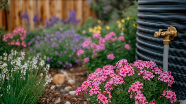Close-up of garden hose attached to a brass rain barrel, colorful flowers in full bloom nearby, eco-friendly water reuse and sustainable horticulture concept