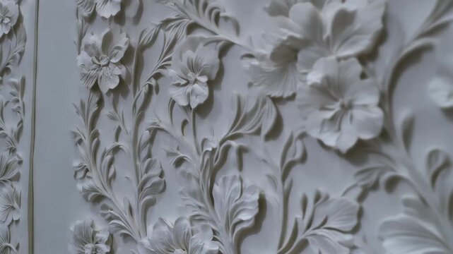 Decorative wall art carving with flower design at an art exhibit during daytime in the gallery