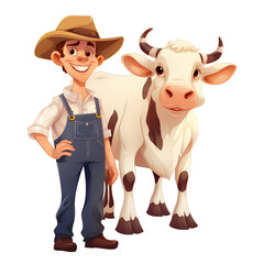 Cheerful Farmer and Cow Cartoon Character