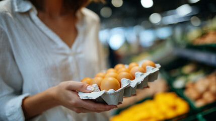 Close-up of a customer examining organic eggs packaging, fresh chicken eggs in a carton, supermarket display shelves blurred behind, healthy lifestyle and shopping theme