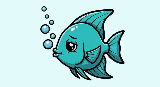 Sad Teal Fish Blowing Bubbles Underwater Scene.