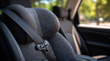 Close-up of padded shoulder straps and buckle of a child car seat, installed in a sedan back seat, seatbelt threading clearly visible, professional product and safety focus